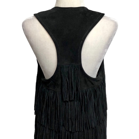 True Religion Black Leather Vest Mid Length Metal Bead Fringe Festival Boho - Picture 8 of 12